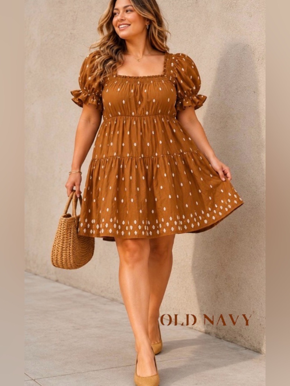 4X Old Navy Puff-Sleeve Tiered Smocked Mini Swing Dress in Miner’s Gold BNWT